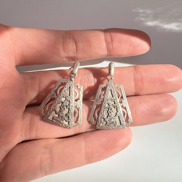 VTG 800 Silver Guatemalan Warrior Textured Dangle Earrings Size 1.25" Length - Picture 9 of 11